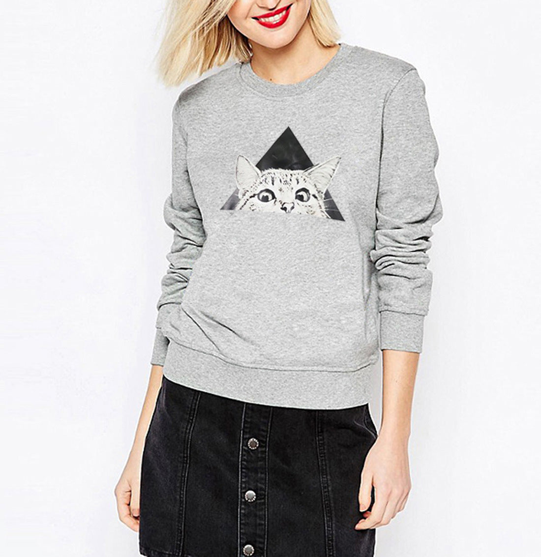 Damen Sweatshirt Katzenmotiv Geometrisches Design Norvielle
