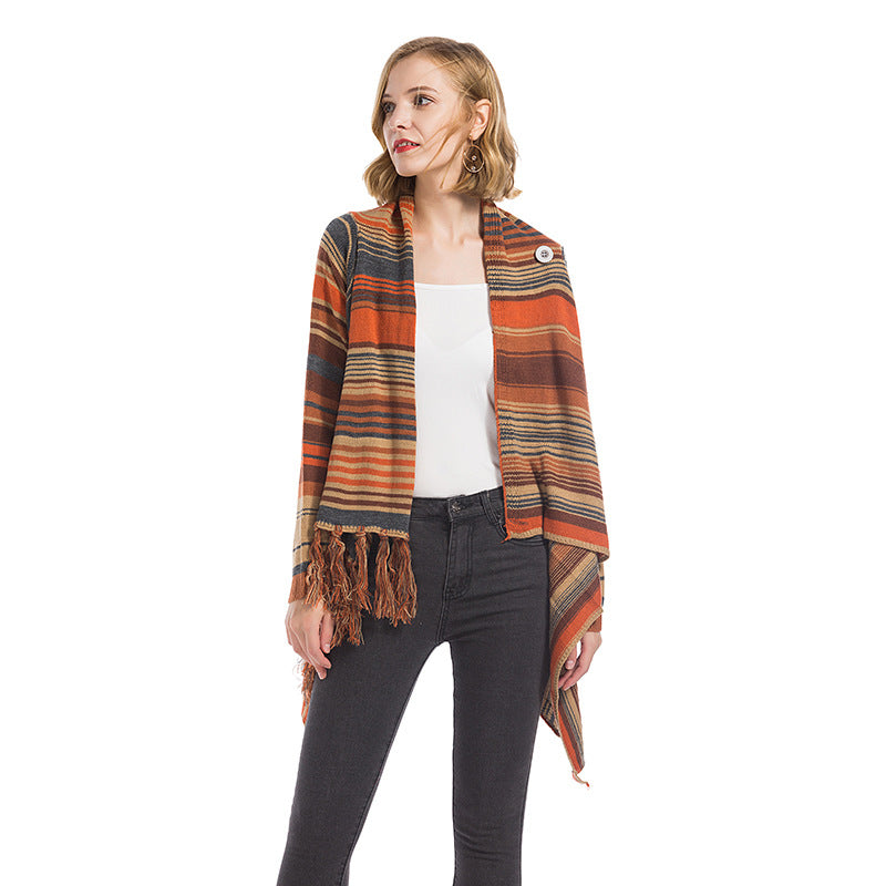 Damen Poncho mit Fransen Geometrisches Muster Norvielle