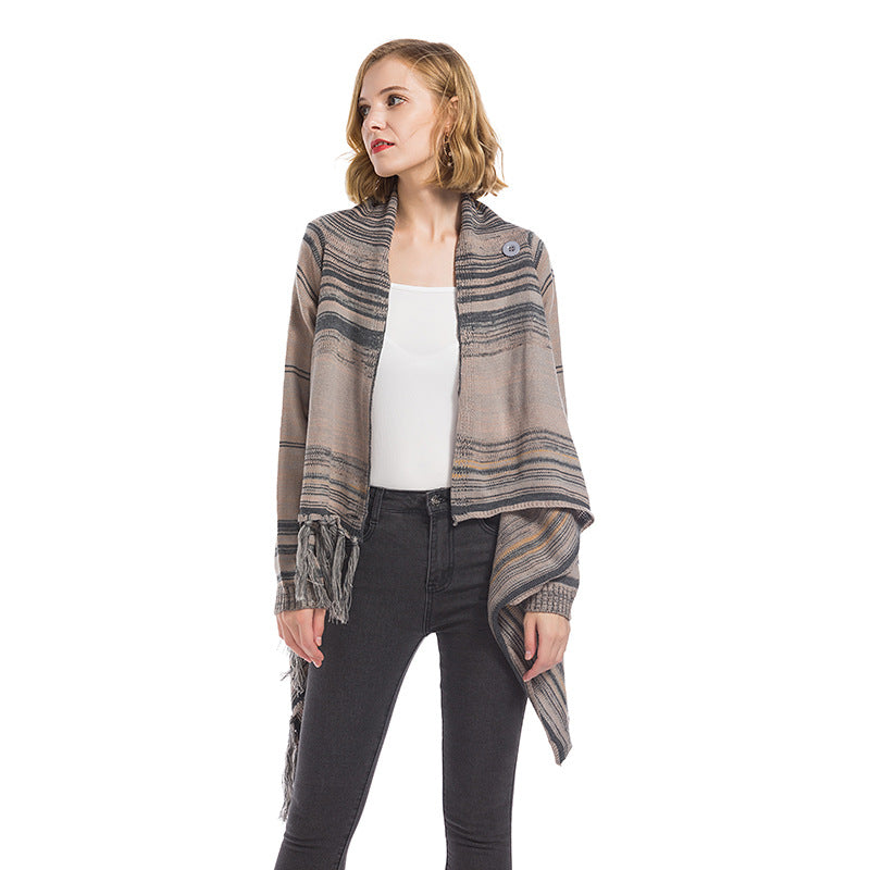 Damen Poncho mit Fransen Geometrisches Muster Norvielle