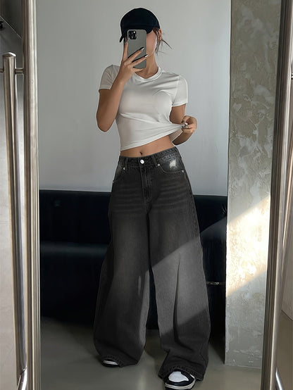 Damen Baggy Jeans Weite High Waist Gerades Bein