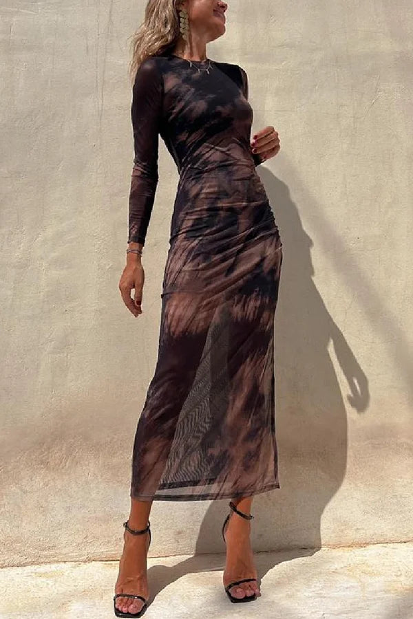 Damen Langarm Midi Kleid aus Stretch mit Rüsch und Mesh-Überzug,