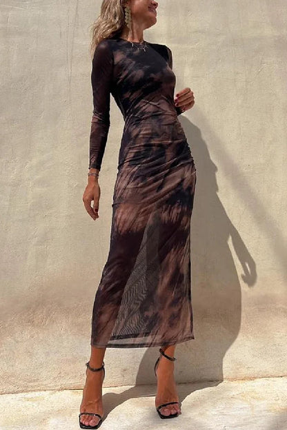 Damen Langarm Midi Kleid aus Stretch mit Rüsch und Mesh-Überzug,