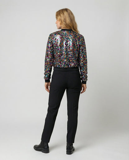 Damen Pailletten Bomberjacke Glitzer Effekt