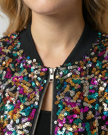 Damen Pailletten Bomberjacke Glitzer Effekt