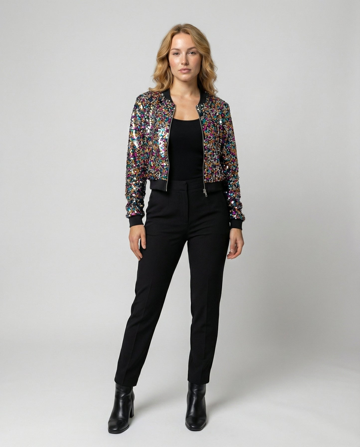Damen Pailletten Bomberjacke Glitzer Effekt