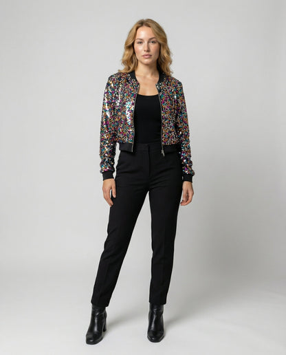 Damen Pailletten Bomberjacke Glitzer Effekt