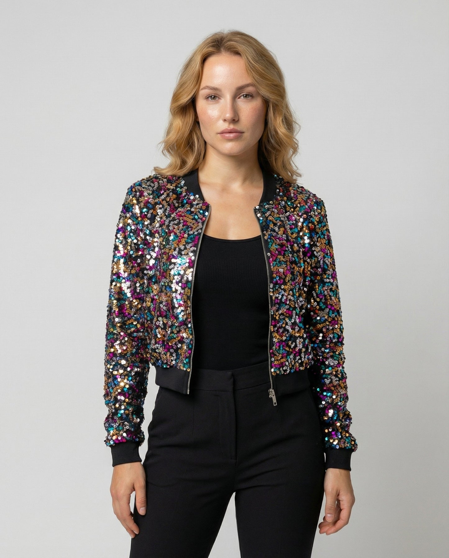 Damen Pailletten Bomberjacke Glitzer Effekt Schwarz - Norvielle