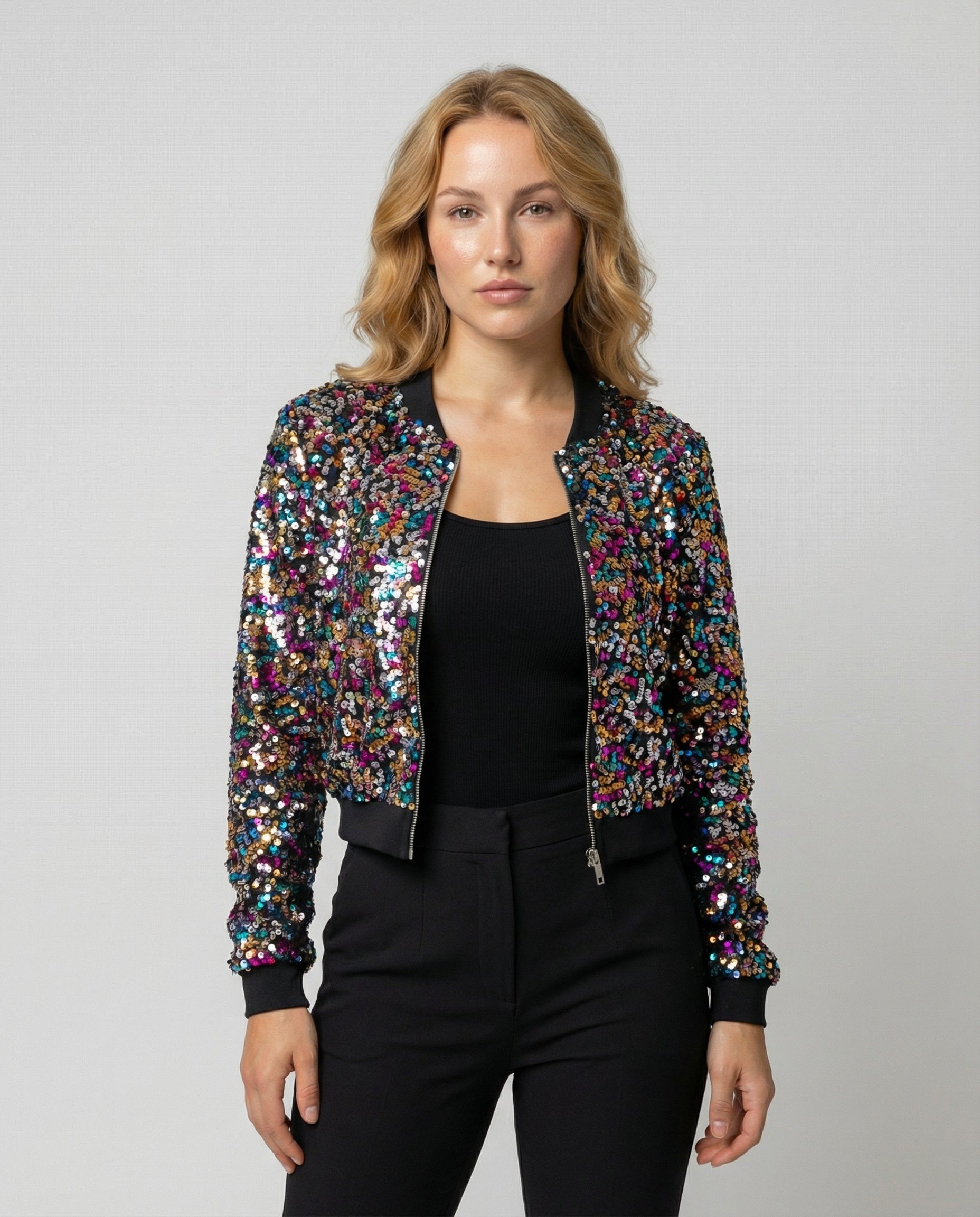Damen Pailletten Bomberjacke Glitzer Effekt Schwarz - Norvielle