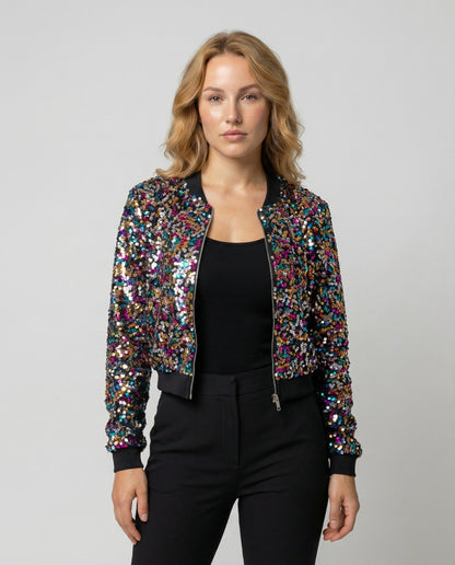 Damen Pailletten Bomberjacke Glitzer Effekt Schwarz - Norvielle