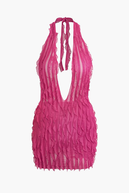 Damen Minikleid Transparent Falten Tiefes Dekolleté