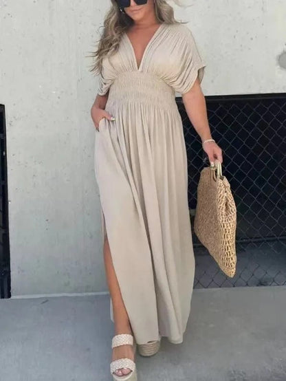 Damen Maxikleid Sommer Langes V-Ausschnitt Schlitz Boho