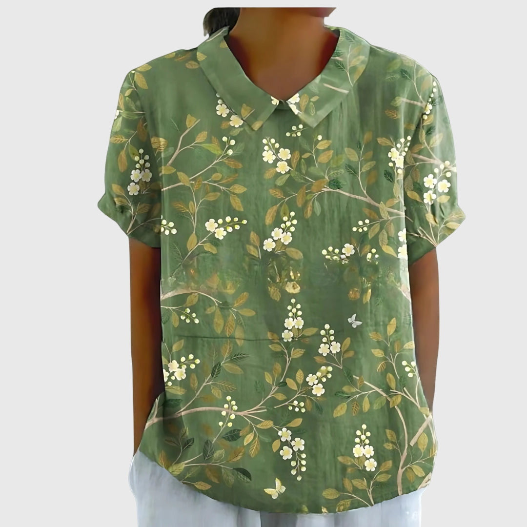 Damen Blume Bluse Kurzarm mit Kragen