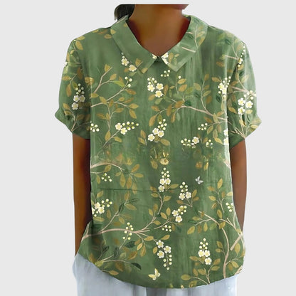Damen Blume Bluse Kurzarm mit Kragen