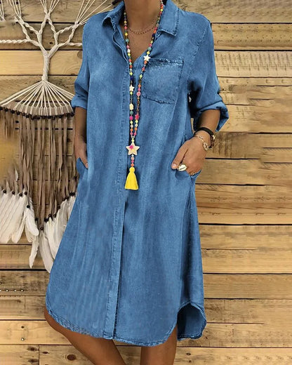 Norvielle Damen Jeanskleid Midi mit Ärmeln und Brusttasche - Norvielle