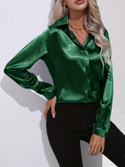 Avelyn Damen Satin-Bluse Reverskragen Knopfleiste Eleganz