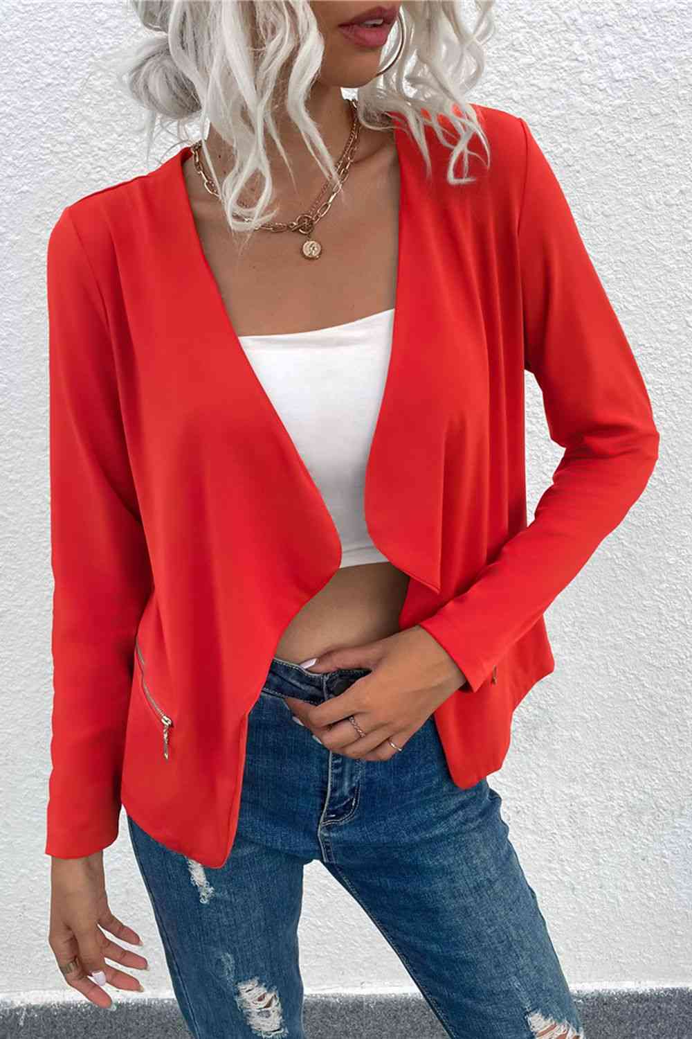 Norvielle Damen Cardigan Offen Reißverschluss Taschen Beige