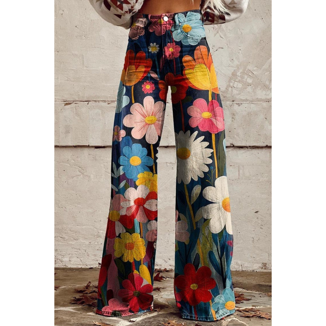 Damen Jeanshose Blumenbedruckt Hellblau