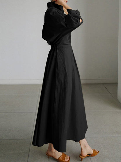 Damen Maxikleid Langarm Hemdkragen