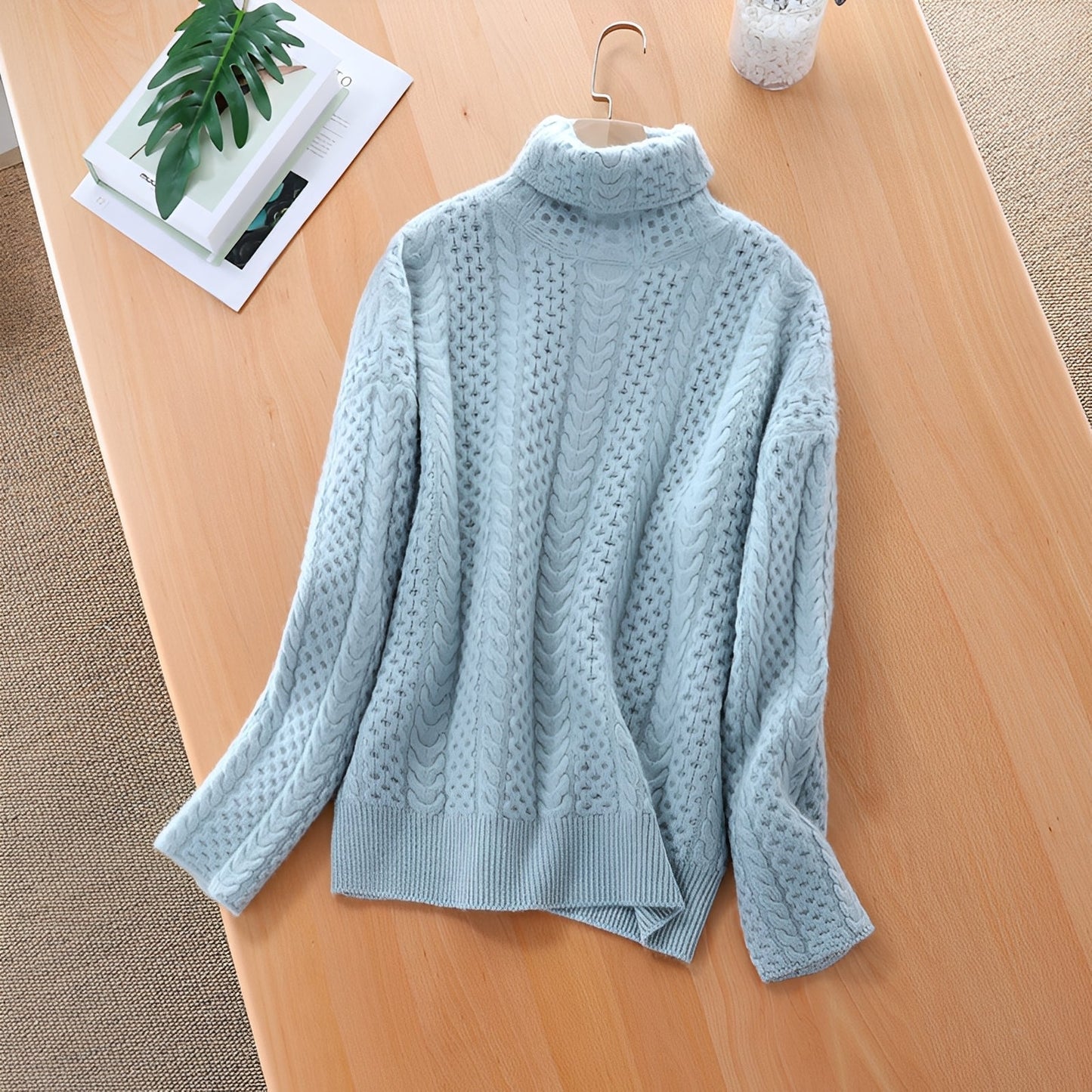Damen Rollkragenpullover Wolle Warm Beige