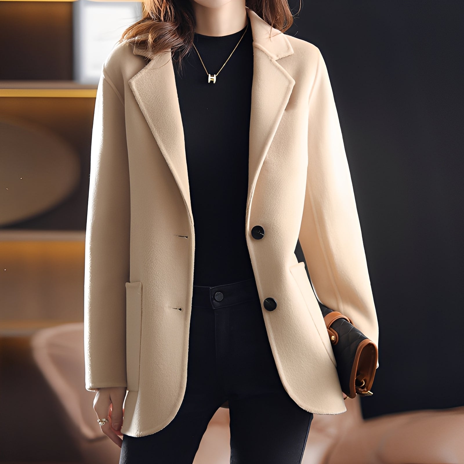 Damen Blazer Wolle Reverskragen Schwarz - Norvielle