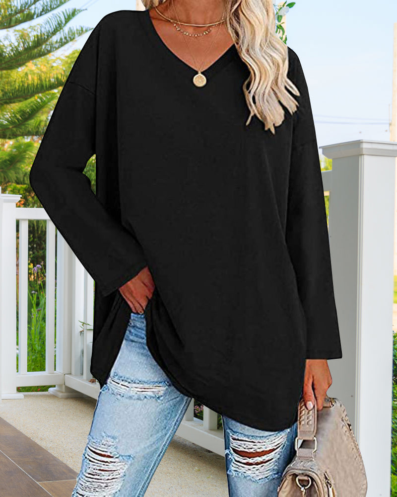 Norvielle Damen Langarm T-Shirt V-Ausschnitt Einfarbig