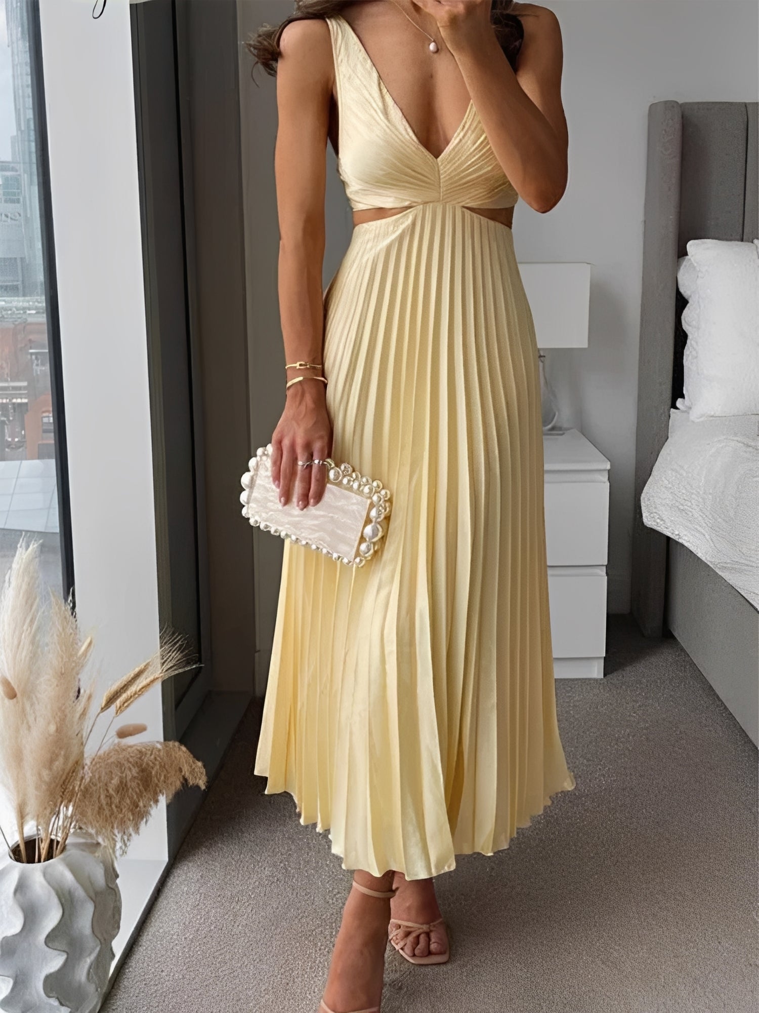 Damen Plisseekleid Hohltaille Elegantes Design - Norvielle