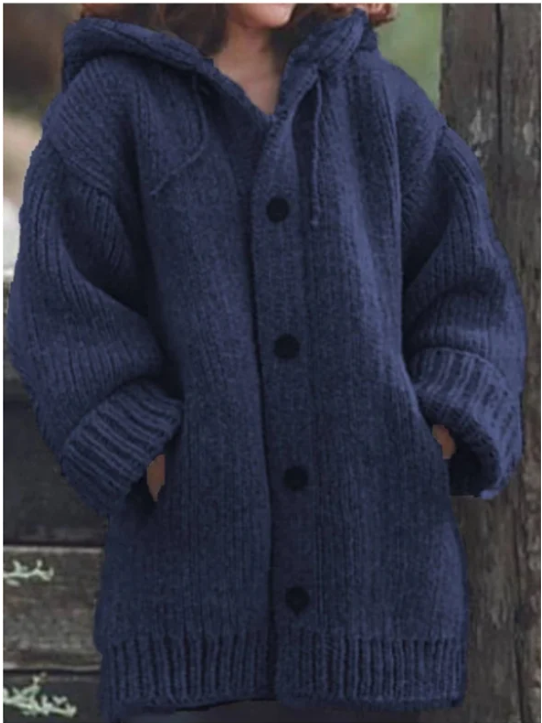 Norvielle Damen Strickjacke Kapuze Knöpfe