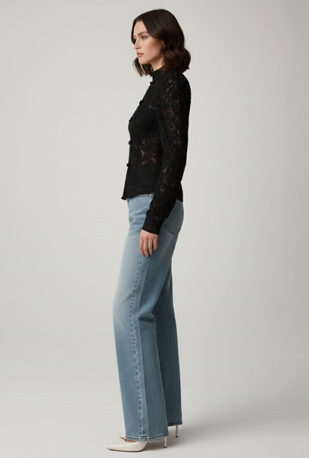 Damen Spitzenbluse Elegante Stehkragen Feminin Weiß