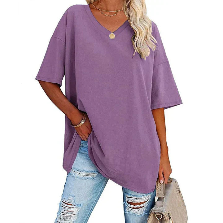 Norvielle Damen V-Ausschnitt T-Shirt Leicht Lockeres Weiss