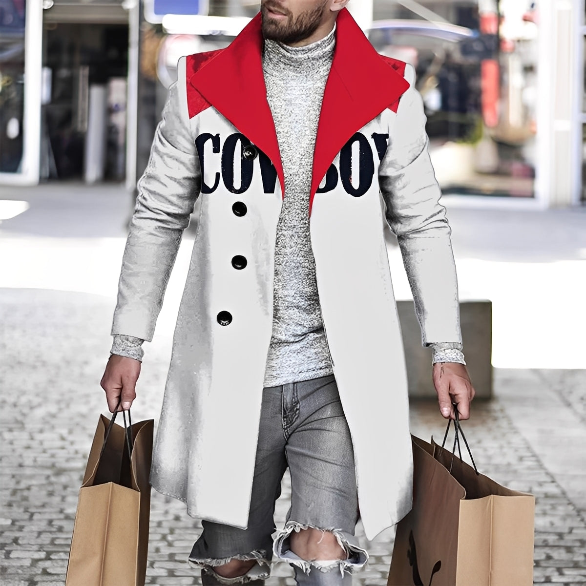 Herren Wollmantel Karomuster Terrystoff