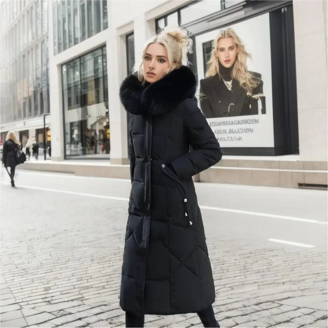 Damen Winterjacke Lang Kapuze Fellbesatz