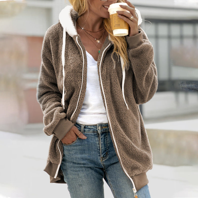 Damen Teddyhoodie Reißverschluss Kapuze