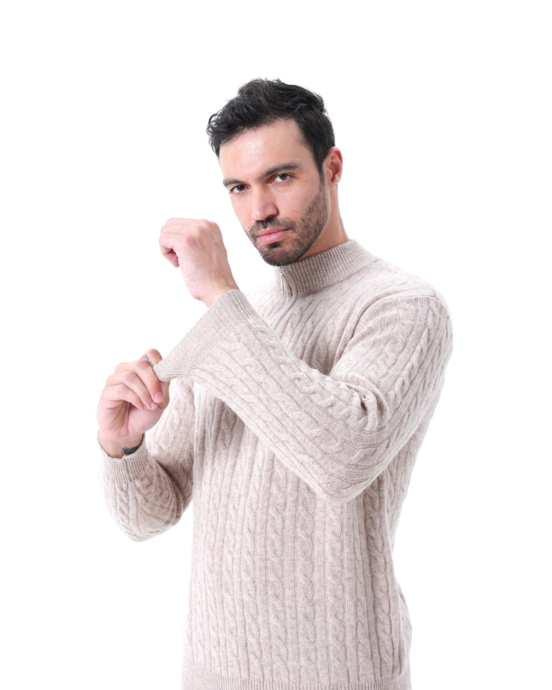 Herren Chasmere Pullover Kabelstrickmuster Halb Reißverschluss Beige