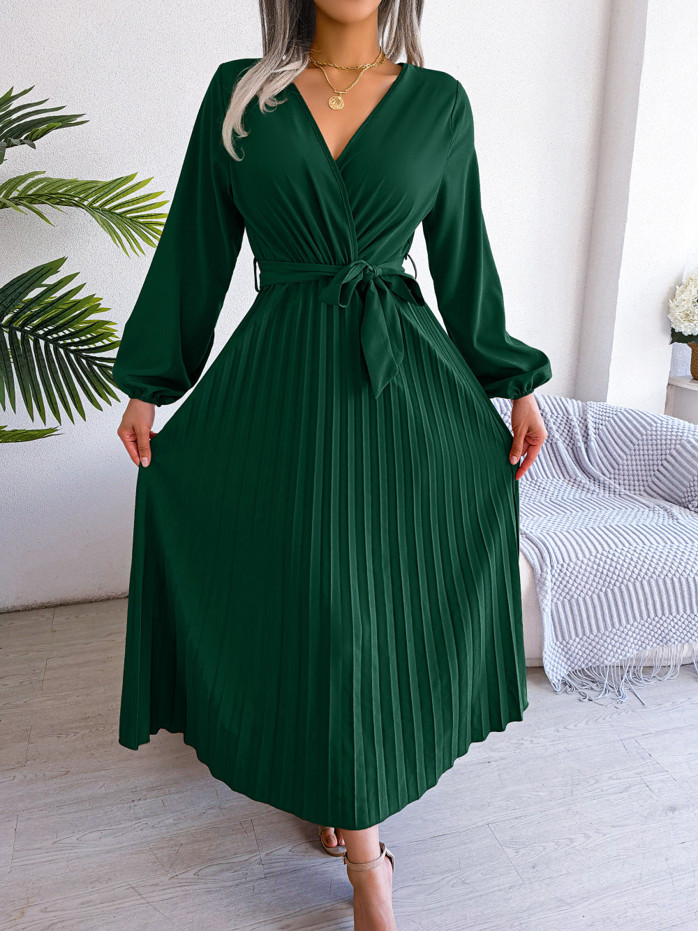 Damen Maxikleid Elegantes Faltenkleid mit Taillengürtel