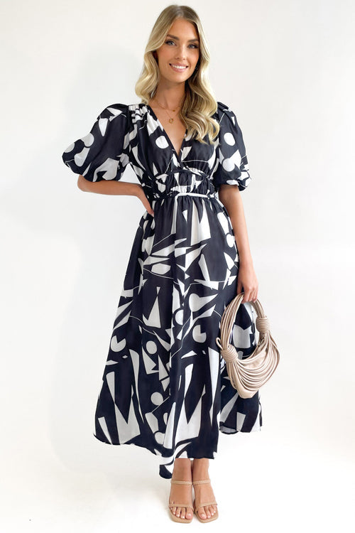 Norvielle Damen Maxi-Kleid Puffärmel Print