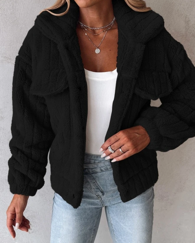 Damen Teddyjacke Kurz Reverskragen Kuschelig