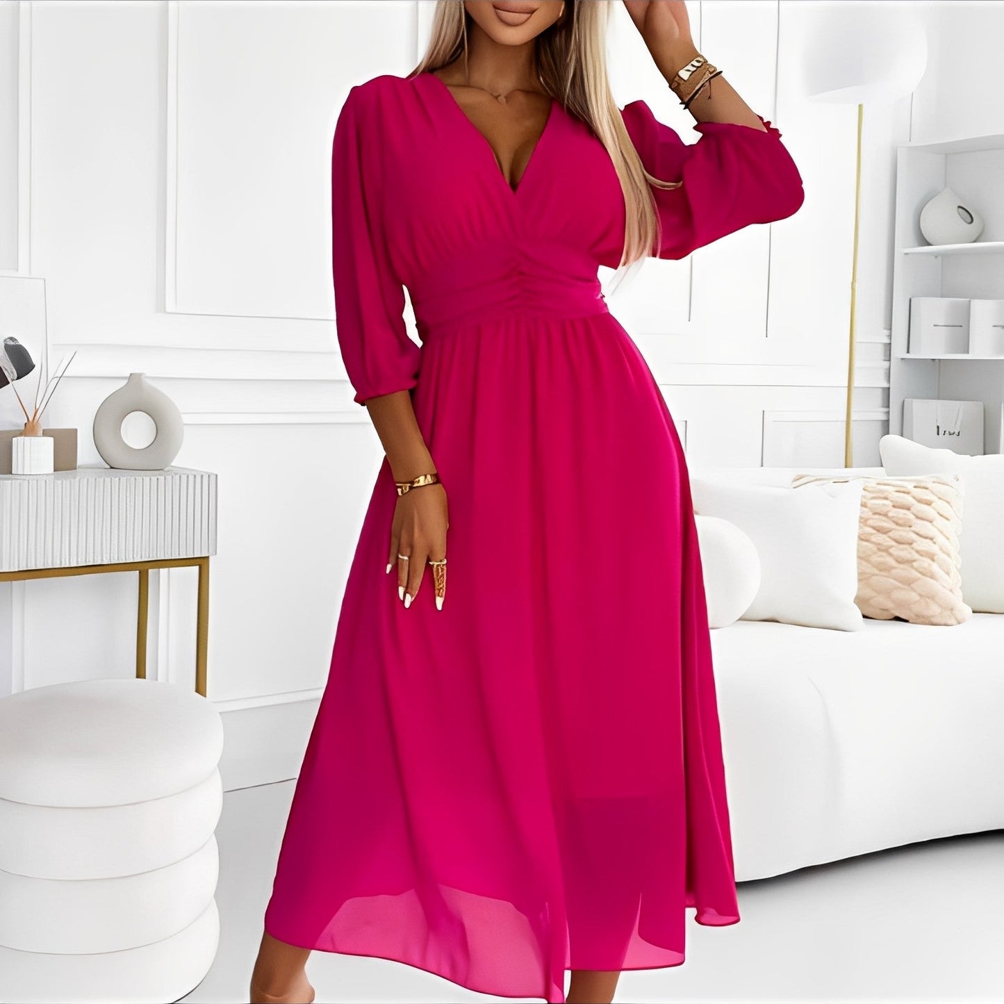 Damen Wickelkleid Langärmelig Baumwolle Schwarz - Norvielle