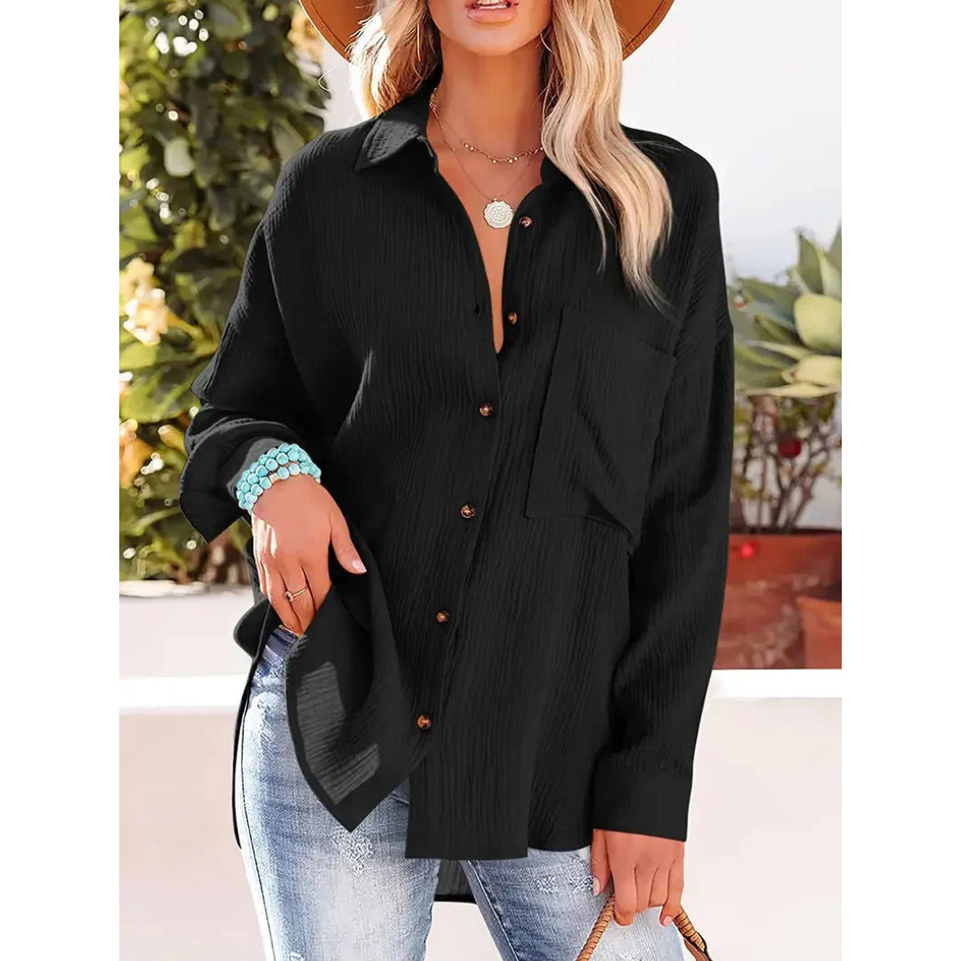 Damen Unifarben Bluse Knopfleiste Hemdkragen Langarm Elegante Bluse