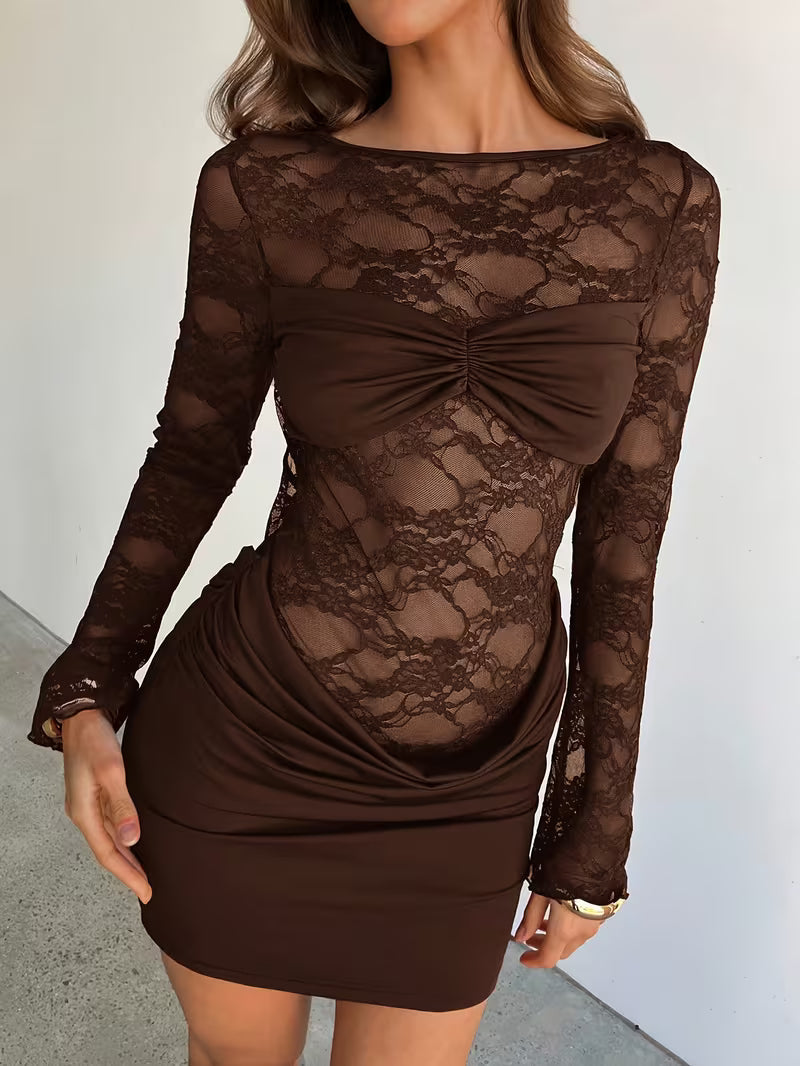 Spitze Mini-Kleid Damen Offener Rücken Lange Ärmel