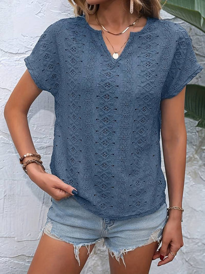 Norvielle Damen T-Shirt Eingekerbter Ausschnitt Lochstickerei