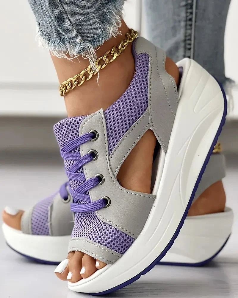 Norvielle Damen Muffin-Sandalen Kontrastausschnitt Schnürsenkel