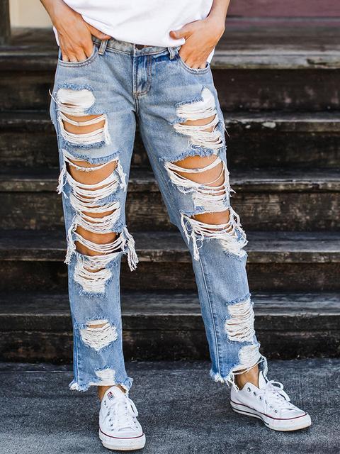 Norvielle Damen Loose Jeans aus Denim mit Löchern - Norvielle