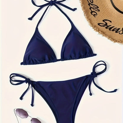 Dunkelblauer Damen Bikini Satz V-Ausschnitt Nackter Rücken