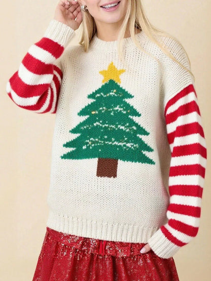 Weihnachtspullover Damen Rundhals Elfenbeinrot Streifen - Norvielle