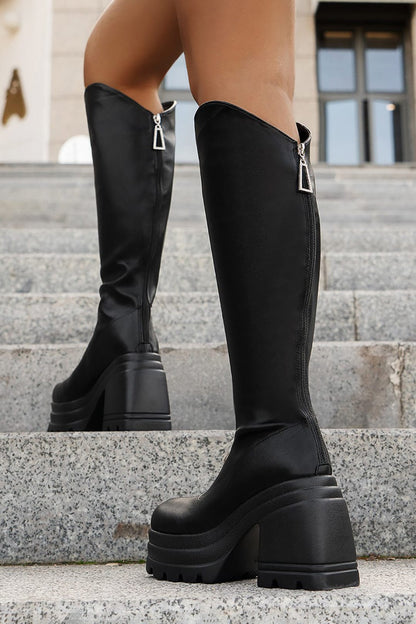 Damen Plateau-Stiefel Kniehoch Leder