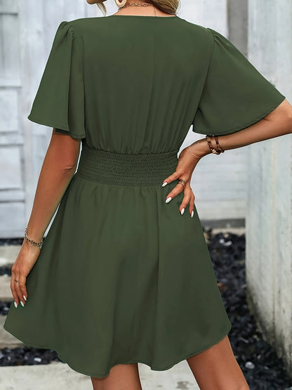 Damen Minikleid V-Ausschnitt Flatterärmel