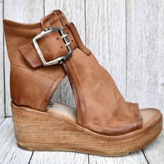 Damen Keilabsatz Sandalen Boho Stil Leder
