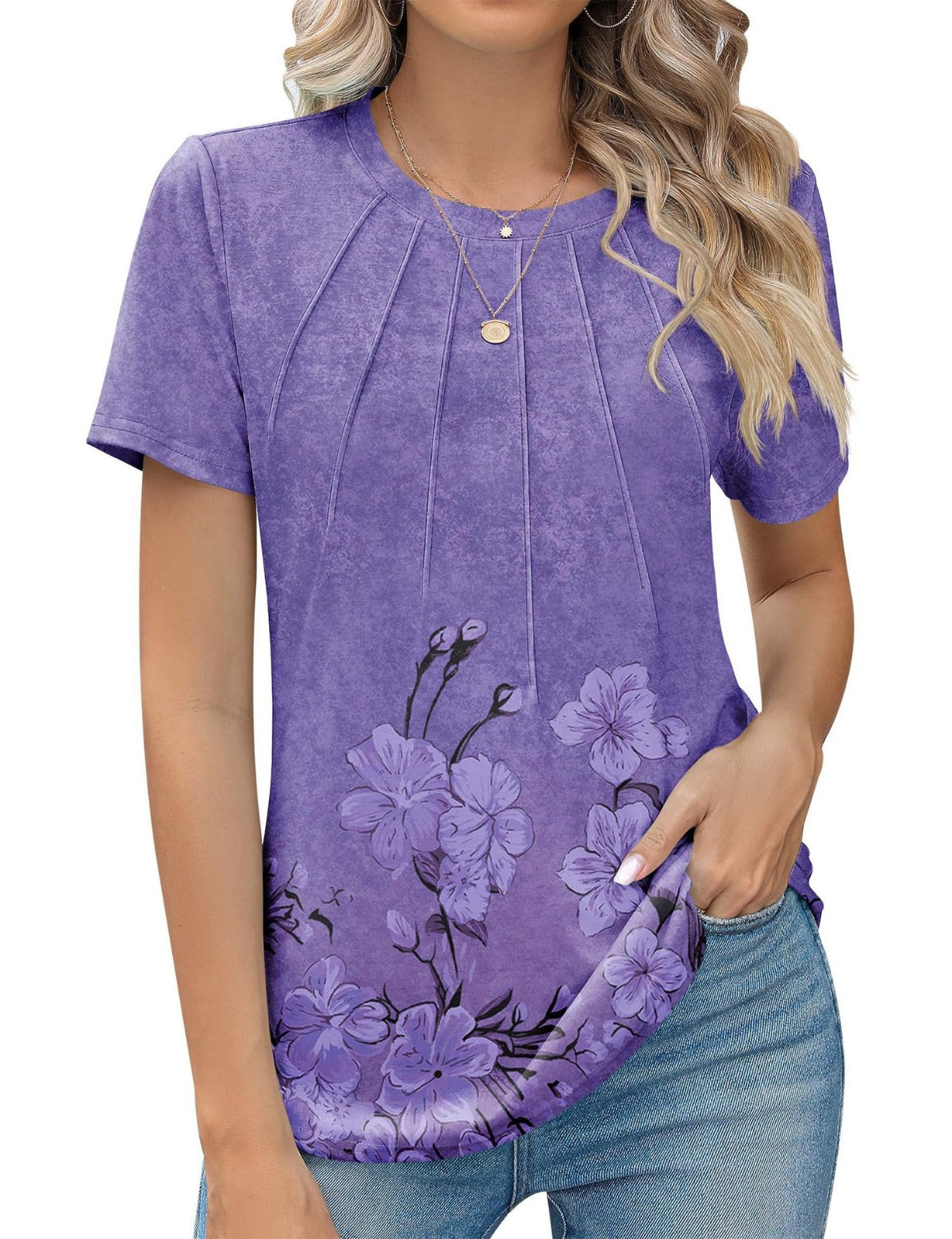 Damen Plissee-T-Shirt Rundhalsausschnitt