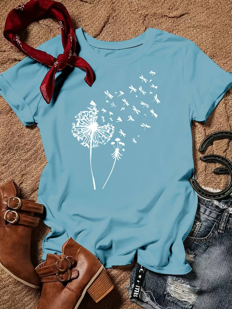 Norvielle Damen T-Shirt Löwenzahn-Print Rundhals Weiss