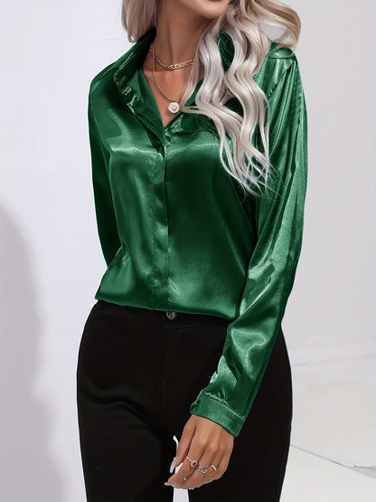 Avelyn Damen Satin-Bluse Reverskragen Knopfleiste Eleganz